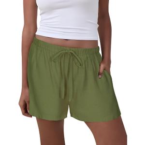GUOLEZEEV Women Shorts Casual Drawstring Elastic Waist Flowy Linen Cute Y2k Beach Shorts (Green, M)