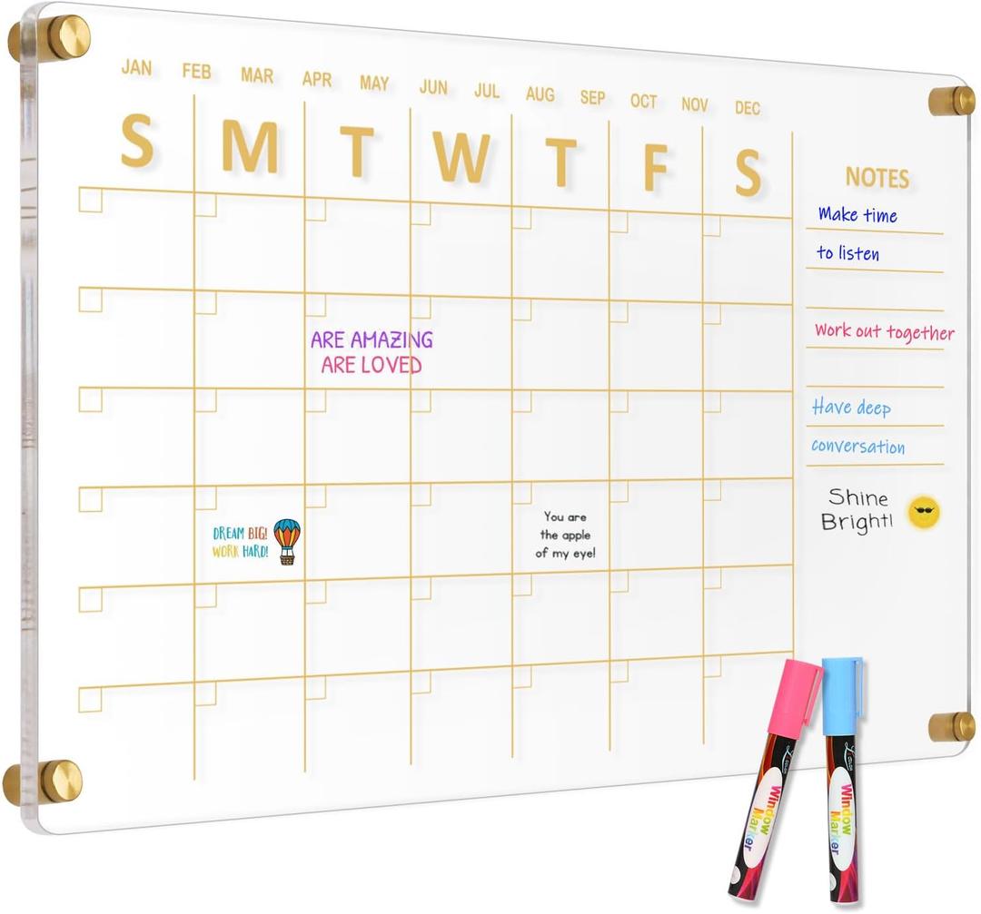 Large Acrylic Calendar for Wall, 24" X 16" Golden Clear Acrylic Wall Calendar, Clear Wet & Dry Erase Calendar Hanging Frameless Monthly Planner for Office, Home or School, 2 Markers