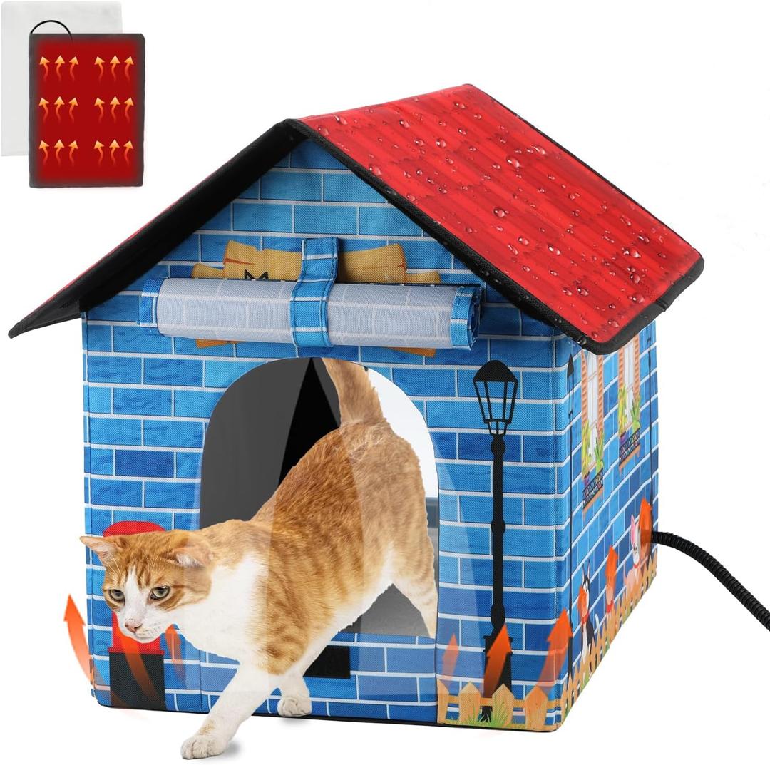 FHTONGE Heated Cat House for Outdoor Cats in Winter, Weatherproof Heated Feral Cat Shelter Insulated Cat Hut, Collaspable Strays Bed House with Self Heating Pad for Outside Wild Small Animal Rabbit (Medium(16.9" x 13.4" x 16"))