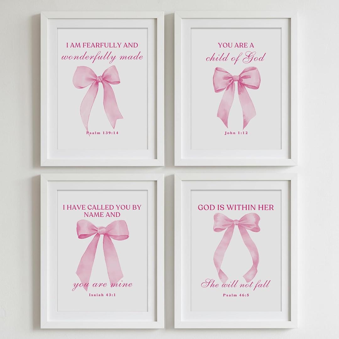DTLGTG Coquette Pink Bow Wall Decor | Set of 4 Aesthetic Posters for Teen Girls Bedroom Dorm Bathroom - 8x10in Unframed Art Prints - Cute College Girl Gift - B03