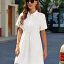 GRAPENT Denim Dress for Women Babydoll Tiered Short Sleeve Button Down Jean Shirt Dresses (White, L)