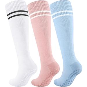 Cotton Compression Socks Women&Men with Grips Non Slip 15-20mmHg Knee High Graduated Sock for Nurse, Pregnancy, Yoga (Small-Medium, 01-3 Pairs-white Pink Blue)