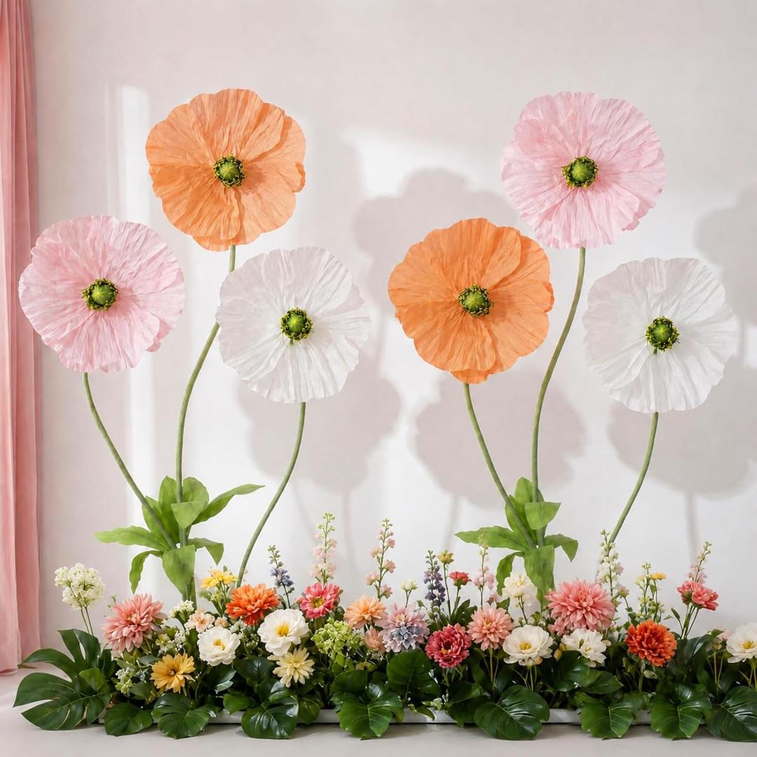 6 Pcs 6.1ft Giant Artificial Flowers for Decoration Large Paper Standing Huge Handcrafted Fake Jumbo Flowers Decoration for Garden Birthday Party Wedding Props(Pastel Color)