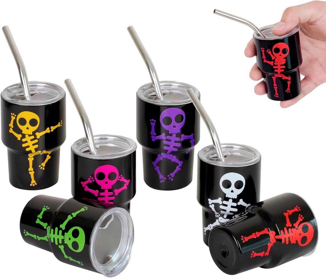 Mini Shot Glasses with Lids and Straws, 3 oz Cute Halloween Style Stainless Steel Insulated Tumbler Cup for Drink Cocktail Bar Beach Party Gift (6 Packs) (Halloween Colorful Skeleton3 oz-6 pcs)