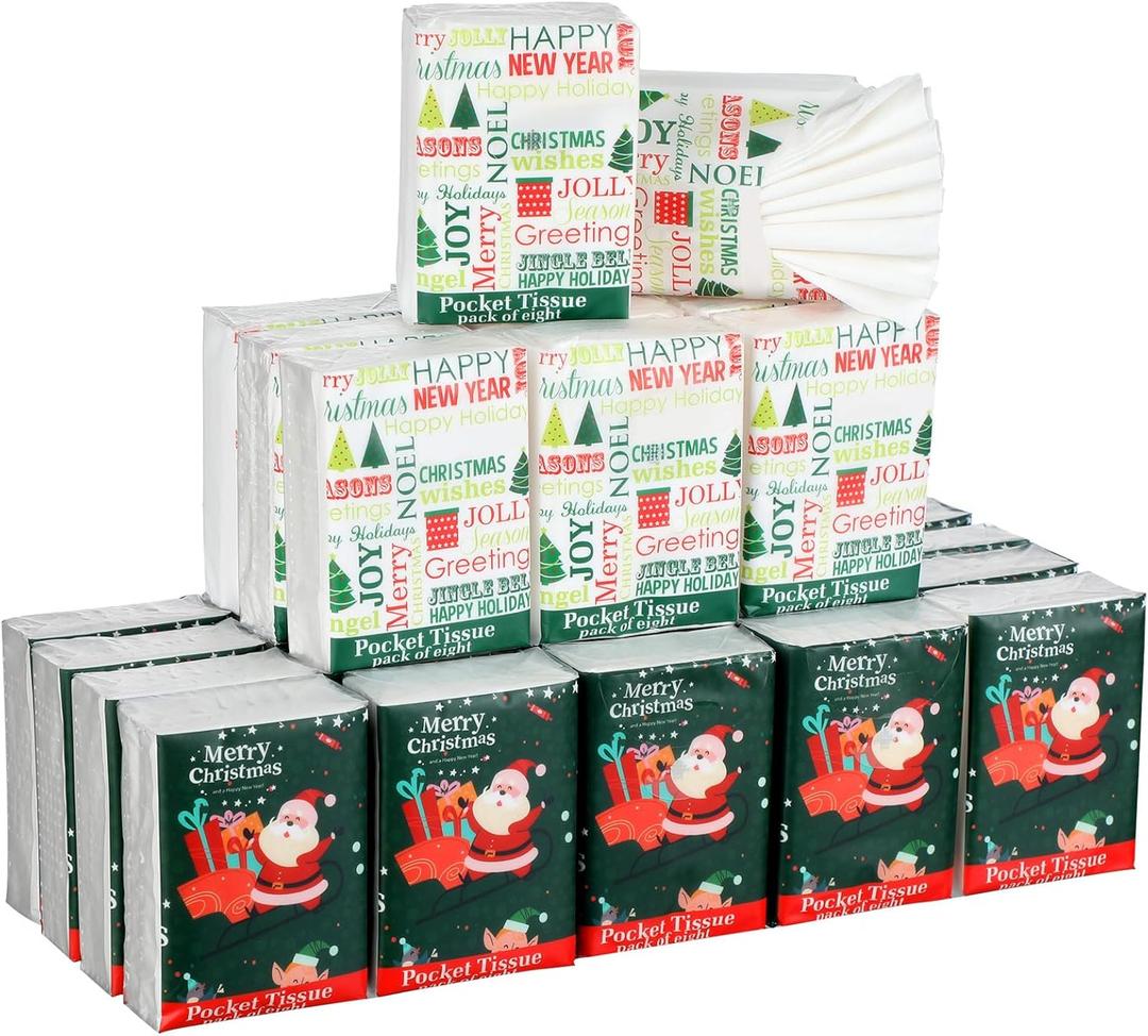 Yinder 32 Pieces Holiday Merry Christmas Pocket Facial Tissues Christmas Travel Size Tissues Bulk in 2 Designs Facial Tissue Small Pocket Packs for Santa Stocking Stuffers