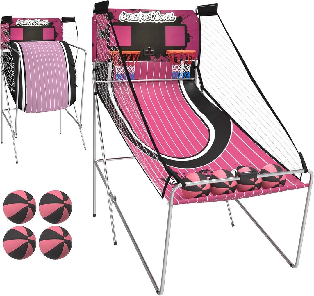 Basketball Arcade Game Indoor, Electronic Basketball Game Dual Shot with 8 Game Modes, LCD Score Display, and 4 Rubber Balls, Basketball Indoor Arcade Game for Home, Pink