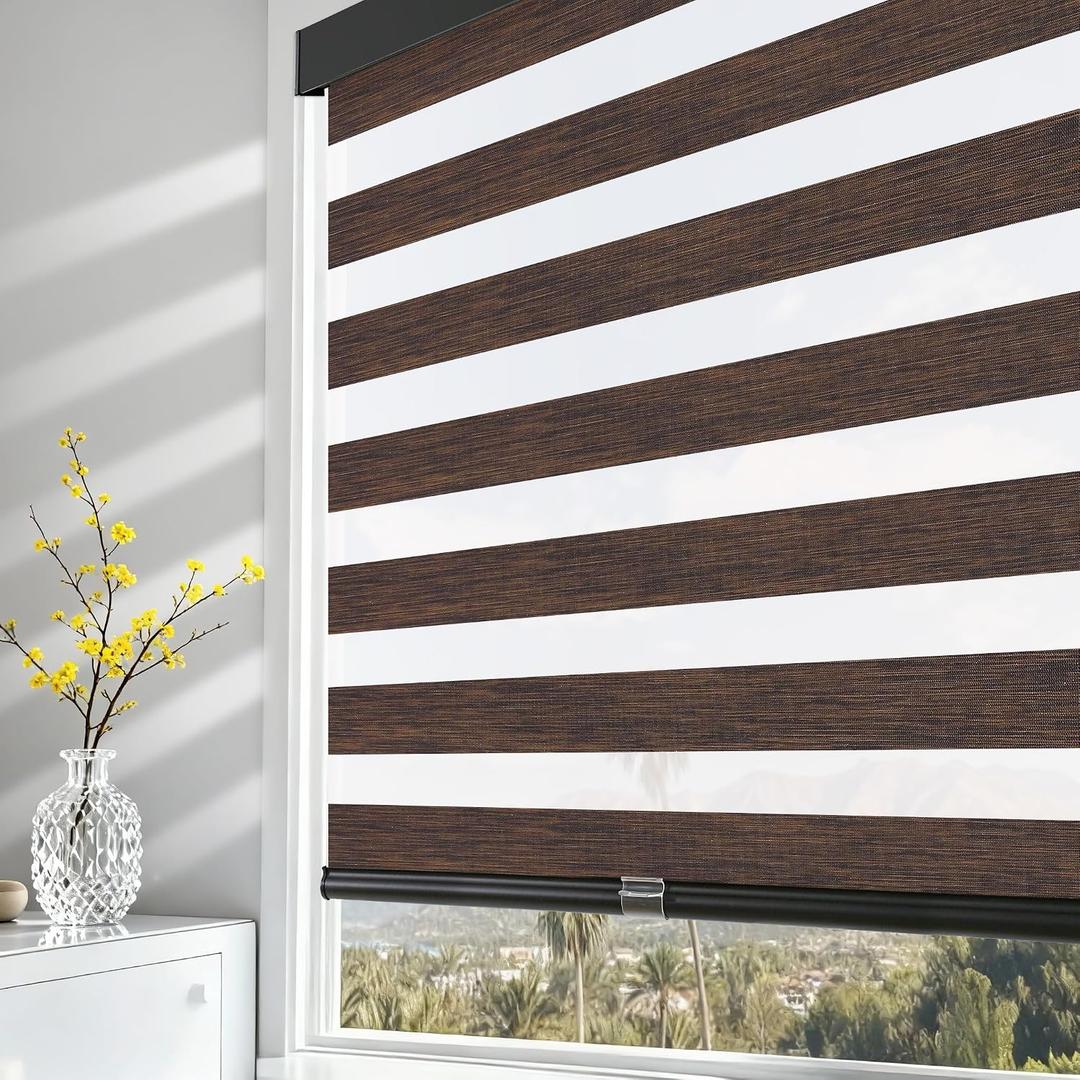 AOSKY Cordless Zebra Blinds for Windows Pull Down Roller Window Shades Dual Layer Light Filtering Privacy for Day and Night, Free-Stop Door Shades for Home Easy to Install Brown 34" W X 72" H