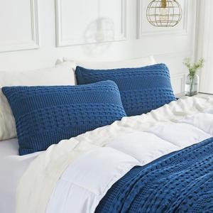 VHC Brands 100% Cotton Waffle Weave Navy Blue Standard Sham Set of 2 20x26, Decorative Throw Pillow Covers/Shams, Boho Farmhouse Bedroom Decor