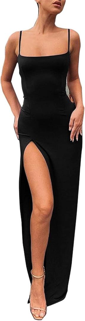 PRIMODA Women's Spaghetti Strap Bodycon Maxi Dress Long Formal Thigh-high Slit Club Wedding Guest Dress (Black)