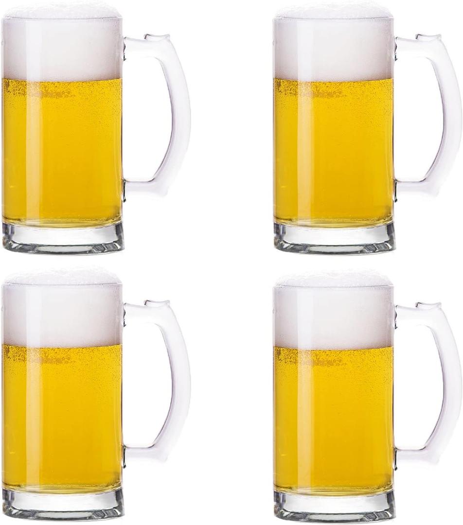 Heavy Beer Mugs Set, 16oz Glass Mugs With Handle, Beer Glasses For Freezer, 500ml Beer Drinking Glasses, Traditional Stein For Bar, Alcohol, Beverages, Coffee, Teas, Set of 4