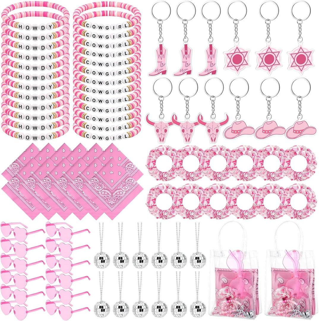 Landical 96 Pcs Cowgirl Party Favors Cowgirl Howdy Bracelets Paisley Bandanas Acrylic Keychains Disco Necklaces Heart Sunglasses Scrunchies Gift Bag for Western Birthday Bachorlette Party(Pink)