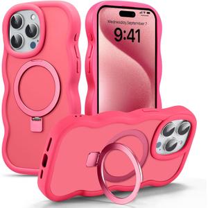 UEEBAI Magnetic for iPhone 16 Pro Max Case, [Compatible with MagSafe] [Built-in Kickstand] Translucent Wave Design Wavy Frame Matte Drop Protect Phone Case - Hot Pink