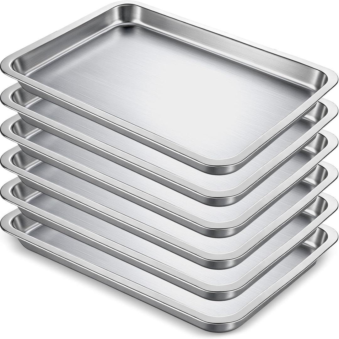 6 Pcs 7.5 x 5.5 Inch Small Baking Sheet Silver Tray Stainless Steel Baking Pan Cookie Sheet Rectangle Mirror Finish and Rust Free Easy Clean and Dishwasher Safe Bakeware Oven Tray for Roasting