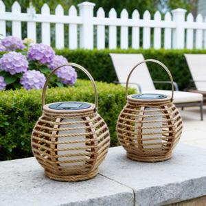 Solar Powered Outdoor Lantern, Rope Woven, 14x15.5 cm, Set of 2