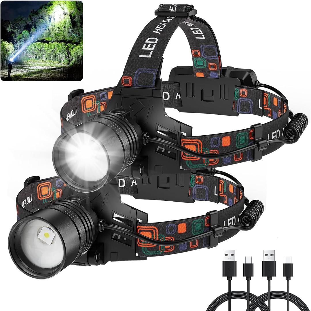 Rechargeable Headlamp 2Pack, 99000 Lumens Super Bright LED Head Lamp with 3 Modes, 90 Adjustable Head Lights for Forehead, 45H Long Runtime & IPX6 Waterproof HeadLamps for Camping Hunting Hiking