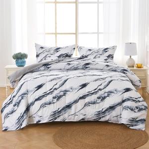 Mooreeke Queen Size Comforter Sets, Navy Blue Grey Lake Ripple Theme Printed Bedding for All Seasons, 3-Piece Vintage Bed in a Bag with Fluffy Quilted Reversible Comforter & 2 Pillow Shams