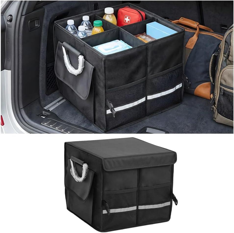 Car Trunk Organizer with Lid, Multi-Compartment Waterproof Vehicle Trunk Storage Box with Reinforced Handle, Foldable Automotive Cargo Container Organizer, Universal for Vehicles