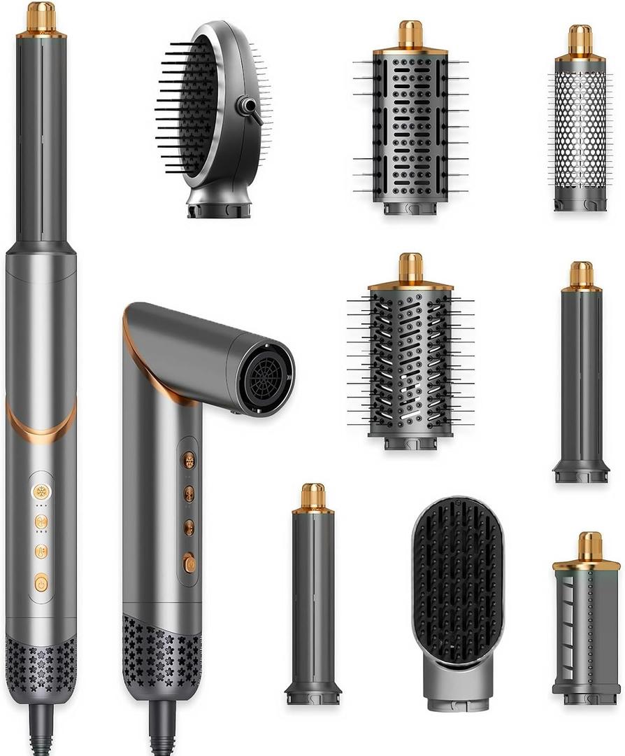 8 in 1 Hair Styler & Hair Dryer Brush Curler, High-Speed Negative Ionic Foldable Hair Dryer Fast Drying, Multi Professional Hot Air Styler for Curling Volumizing Straightening Styling(Grey)