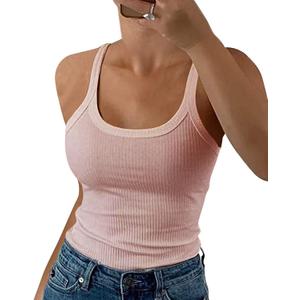 GEMBERA Women Spaghetti Strap Scoop Neck Ribbed Tank Tops Slim Fitted Cotton Camisole Basic Sleeveless Layering Shirts (X-Large, Cameo Pink)