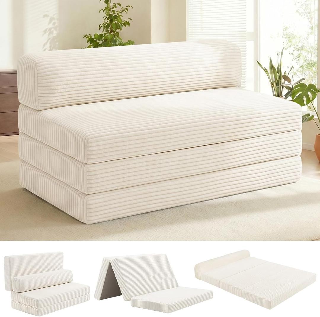 Convertible Sofa Bed, Boneless Couch Loveseat with Removable Cushions & Washable Cover, Futon Sofa Bed with Handle, Pull Out Couch for Small Spaces, Full Size, Beige