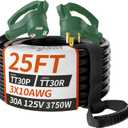 PlugSaf 25 FT 30 Amp RV Extension Cord Outdoor, Flexible Heavy Duty 10/3 Gauge STW RV Power Cord Waterproof with Cable Organizer, NEMA TT-30P to TT-30R, Black-Green, ETL Listed