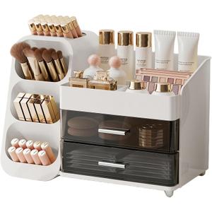 Makeup Organizer for Vanity with Brush Holder, Large Plastic Bathroom Countertop Skincare Organizer with 2 Drawers, Spacious Cosmetic Display Case for Perfumes, Eyeshadow Palettes, Nail Polishes