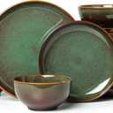 Pokini 24 Piece Dinnerware Sets for 8, Modern Stoneware Plates and Bowls Setst, Perfect for Family Gatherings & Holiday Celebrations, Easy Cleaning Dishes Set, Stack Compactly Dishware, Brown Green