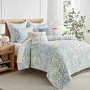 Levtex Home - English Forest Green Quilt Set - Full/Queen Quilt and Two Standard Shams - Leaves - Green, Blue, White - Quilt (88x92in.) and Shams (20x26in.) - Reversible - Cotton