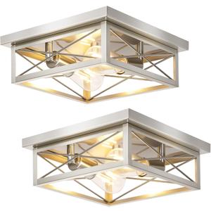 Brushed Nickel Hallway Light Fixtures, 2-Light Modern Farmhouse Flush Mount Ceiling Lights, 2-Pack Chrome Kitchen Light Fixtures, Square Close to Ceiling Lights for Bedroom, Living Room Entryway (Silver)