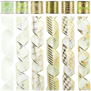 MEEDEE Green Ribbon Set - 6 Rolls, 36 Yards, Wired, Gold & Green for Christmas Tree Decorations (2.5 inch)