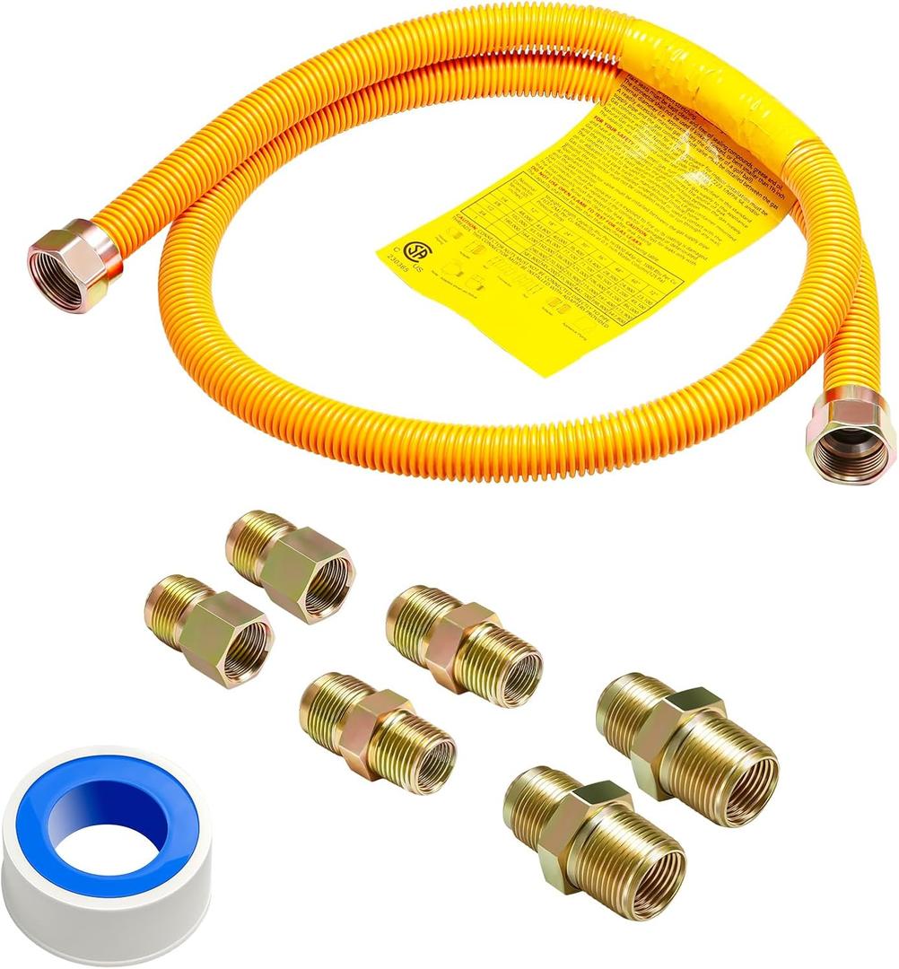 Roastove 48" Flexible Yellow Coated Gas Line Connector Kit for Stove, Dryer, Gas Water Heater, Furnace,5/8 in. OD(1/2 in. ID Flexible Gas Line with Connector 1/2" FIP &1/2"MIP & 3/4"MIP Fitting