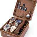 KAMIER Watch Case with Combination Lock - 4 Watch Storage and Jewelry Organizer - Watch Travel Case for Ring and Watch Storage, PU Leather Travel Watch Case, Ideal for Gift (With Gift Box), Brown