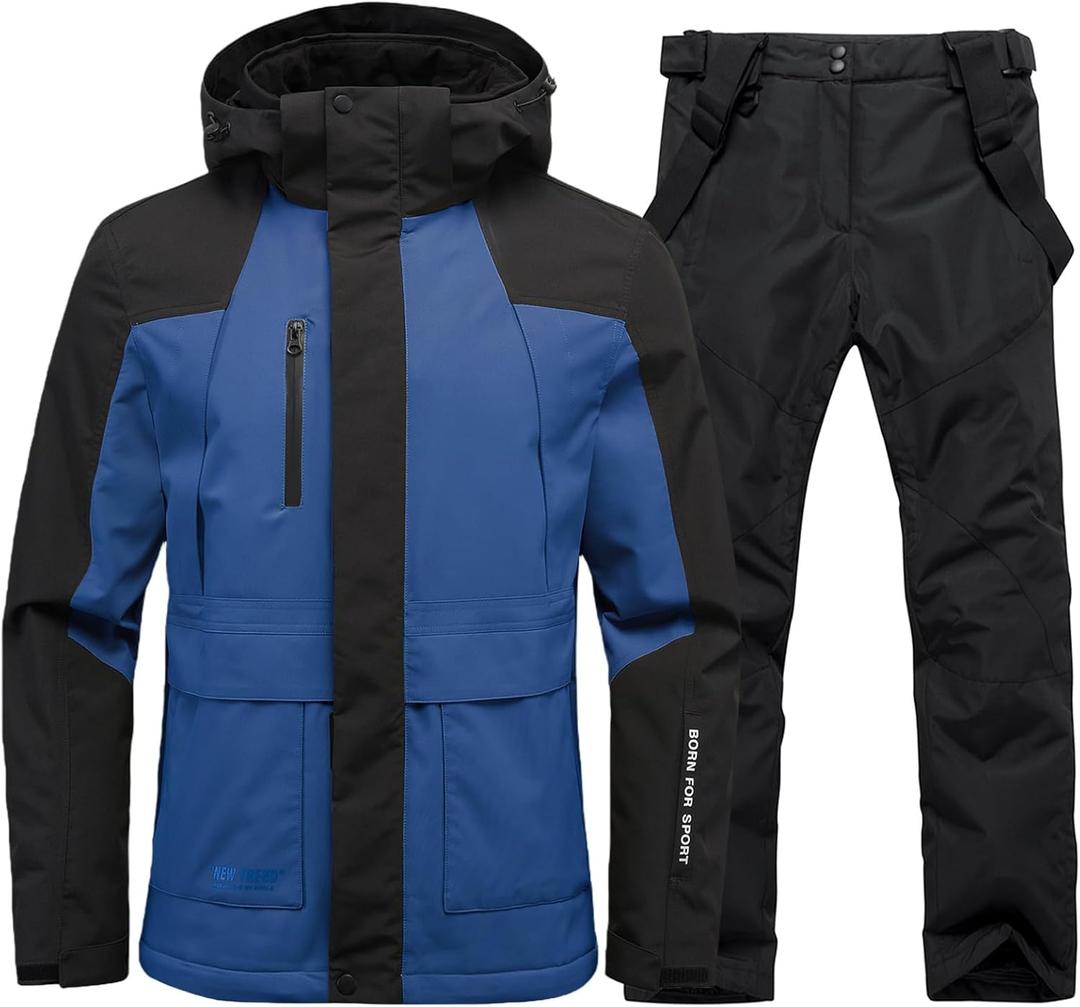 YEEFINE Men's Ski Suit Winter Snowsuit Waterproof Windproof Ski Jacket and Pants Set Insulated Snowboarding Suit (Large, Blueblack)
