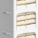 FHSQX 3 Pack Clothes Storage Bins - Foldable Metal Frame Storage Box - Stackable Linen Fabric Container Organizer Set with Carrying Handles and Clear Window (Cream White, 19.7x15.7x13inch(66L))