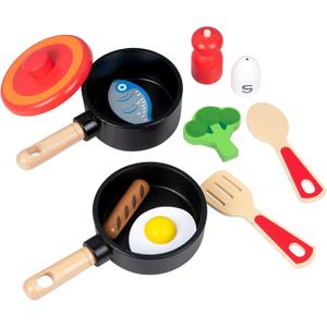 Wooden Play Kitchen Accessories for Toddlers, Kids Pretend Play Pots and Pans Food Cooking Toy, 11 Pieces Montessori Kitchen Tools Gifts for Boys Girls Ages 3 4 5 6 Years Old