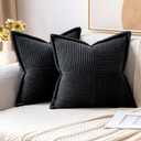 MIULEE Corduroy Pillow Covers with Splicing Set of 2 Super Soft Couch Pillow Covers Broadside Striped Decorative Textured Throw Pillows for Cushion Bed Livingroom 18 x 18 inch, Black (18" x 18" (Pack of 2))