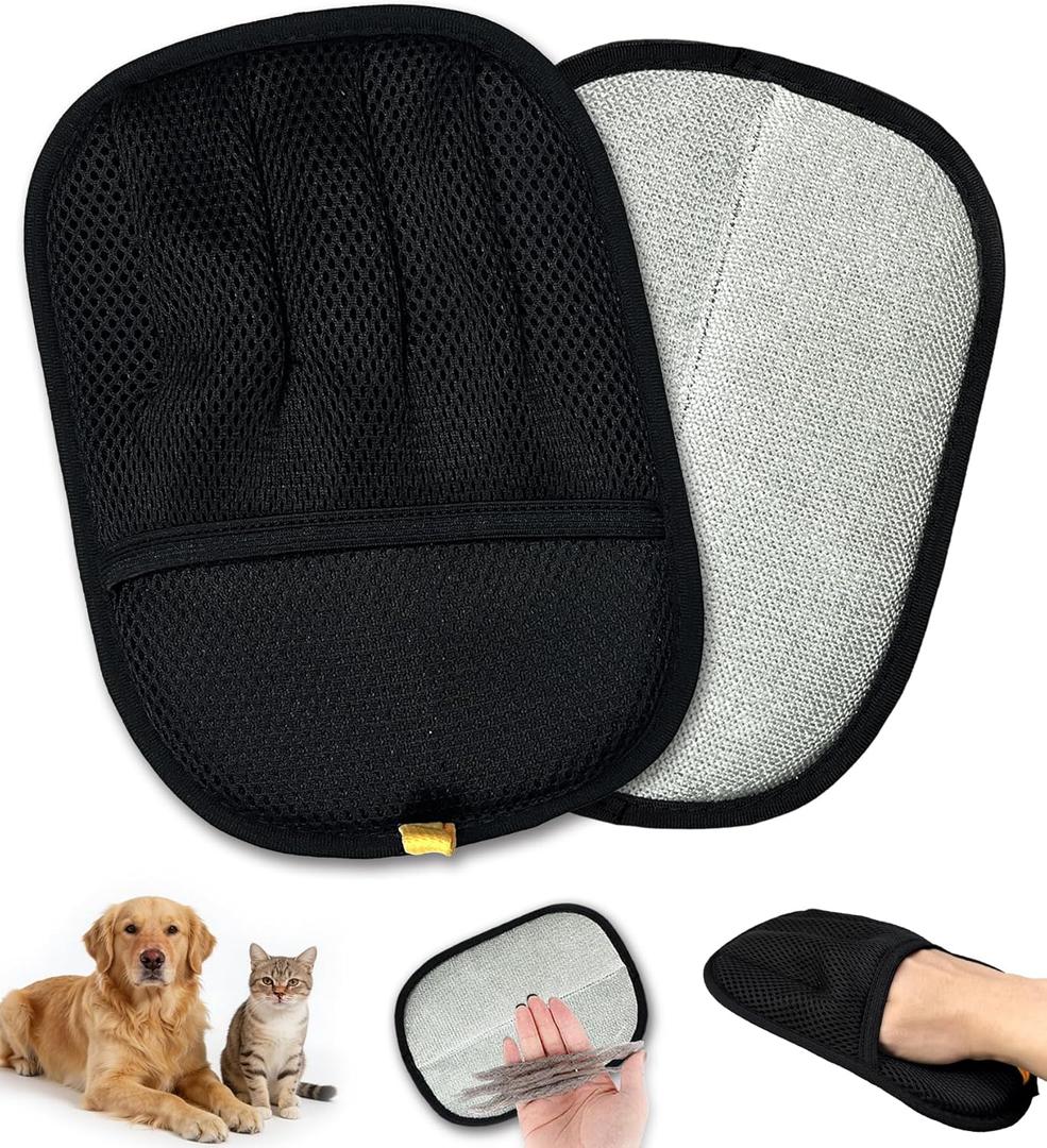 Upgraded 5-Finger Pet Hair Removal Gloves for Cats & Dogs, Reusable Electrostatic Magic Brush for Carpet, Couch, Car Seat, Clothing, Gentle Grooming and Hair Remover Tool (Black)