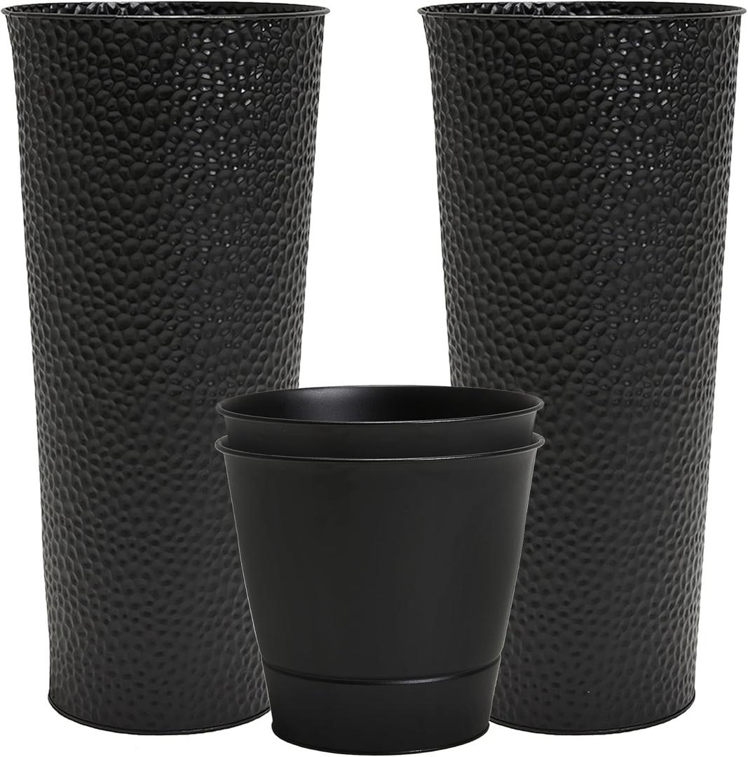Worth Garden 2-Pack 28" H. Metal Planter with 2X Inside Pots - Hand-Hammered Texture Tall Narrow Tapered Plant Pots - Large Handcrafted Flower Pot for Indoor Outdoor, Deck, Patio, Front Porch (Black)