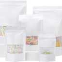 100 Pcs Resealable Stand Up Kraft Paper Bags, 4.7 x 7.9 Inch White Food Storage with Matte Window, Reusable Zip Lock & Heat Sealable for Packaging