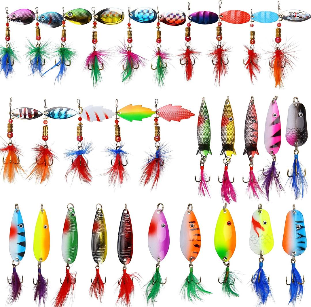 Rooster Bait Tail Fishing Lures Kit Spinner Baits Trout Lures Spoon Lures Bass Lures Hard Bait Bass Lures Crankbaits for Bass Pike Trout Salmon Crappie Walleye Fishing, Medium