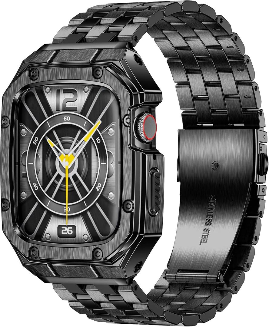 MioHHR Stainless Steel Watch Case with Bands Compatible with Apple Watch Band 46mm Series 11 10, Metal Cover Bumper with iWatch Bands for Apple Watch Series 11/10 46mm, Black