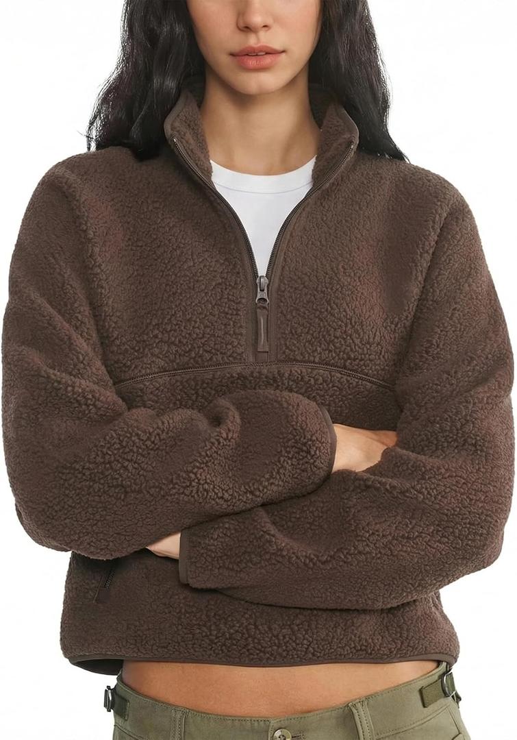 Fleece Sweatshirts for Women Cropped Long Sleeve Half Zip Pullover Sherpa Jacket Warm Fuzzy Coats with Pockets (Small, Brown)