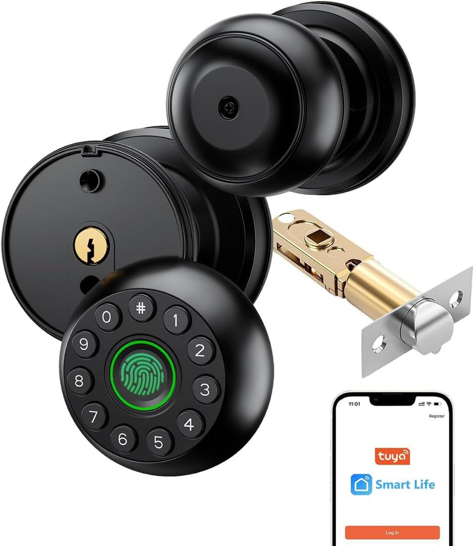 eLinkSmart Smart Keypad Door Knob Fingerprint Door Lock Keyless Entry Ball Door Lock for Bedroom Office Apartment with Real Buttons Support Tuya App