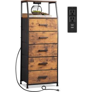 Nightstand 5 Drawer Dresser with Charging Station, Side Table with Fabric Drawers, End Table with Open Shelf, Tall Dresser for Bedroom, Hallway, Entryway (Rustic Brown)