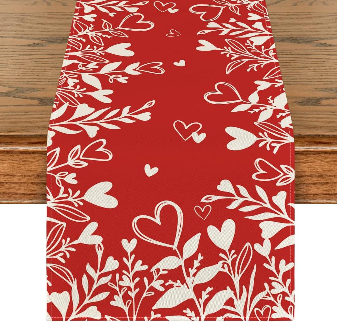 Artoid Mode Red Heart Love Plant Valentine's Day Table Runner, Seasonal Kitchen Dining Table Decoration for Home Party 13x120 Inch