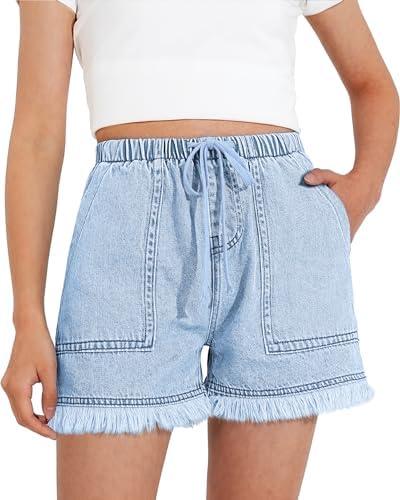 BOOPH Girls Jean Shorts Denim Elastic Waist Drawstring Short for Teen Girl, 11-12 Years