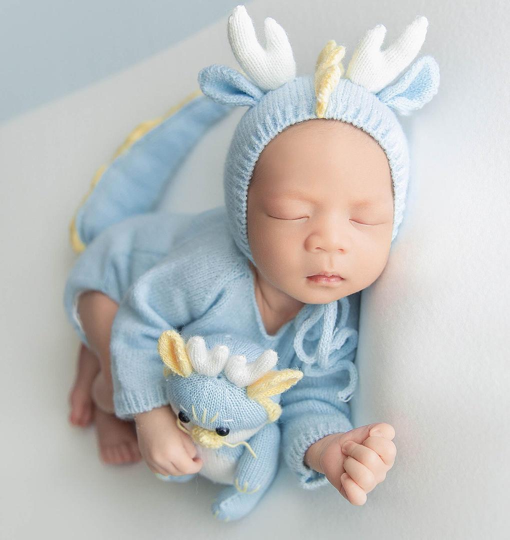 Newborn Photography Props Dragon Style Photo Posing Outfits,(Fits for 13-17 Lbs Baby) Crochet Knitted Romper and Hat,Newborn Photography Accessories for Posing (Costume+Hat,Yellow)
