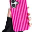 Compatible with iPhone 16 Case, Cute Fashion Aesthetic Striped Pattern Cover for Women, Shockproof Soft TPU and Hard PC Protective Phone Case for iPhone 16 6.1"- Hot Pink