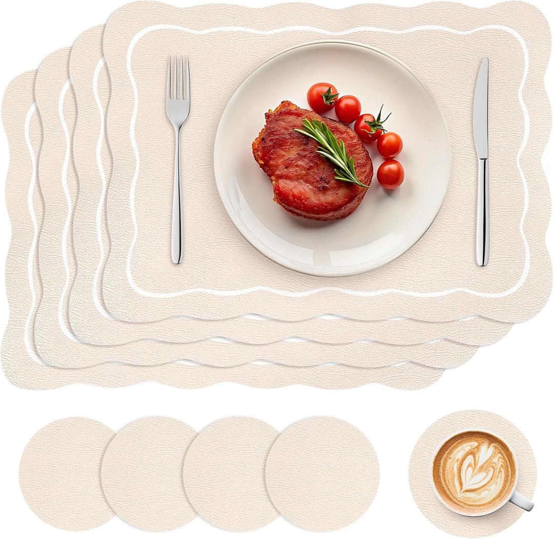 Set of 4 Beige Vinyl Placemats with Coasters 16.5 Inch Beige Scalloped Vinyl Placemats Waterproof Faux Leather Place Mats Wipeable Heat Resistant for Kitchen Dining Table Decor