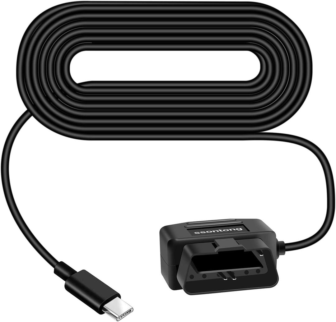 Ssontong Upgraded OBD2 OBD Power Cable for Dash Camera, OBD to Type-C USB OBDII Adapter Hardwire Charger Cable 24 Hours Surveillance and Acc Two Mode with Switch Button (Type-C USB Port)